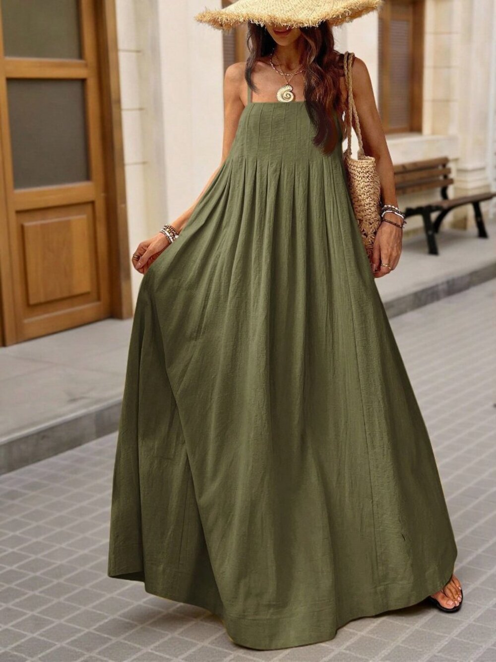 Green Casual Women's square neckline Loose maxi Dress